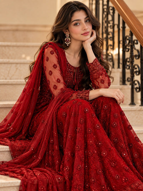 VILVIRI Mehruna — Crimson Embroidered Churidar Ensemble