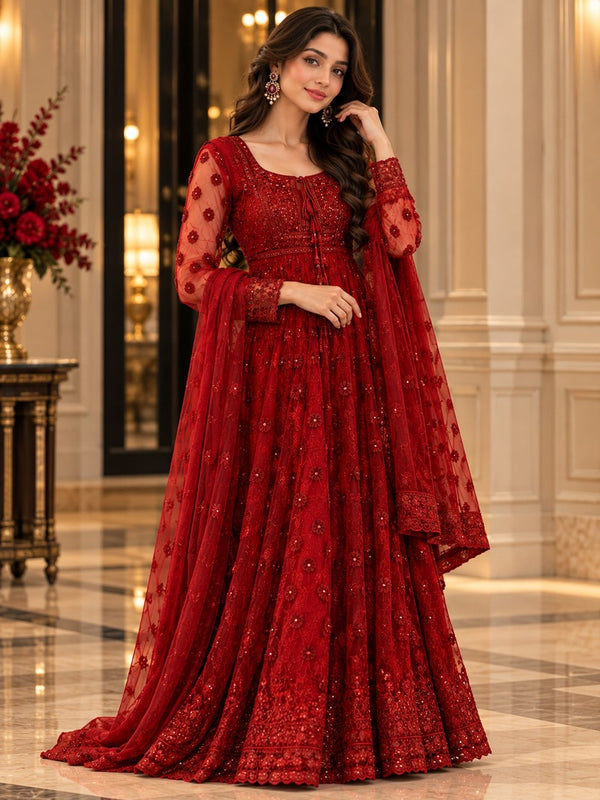 VILVIRI Mehruna — Crimson Embroidered Churidar Ensemble