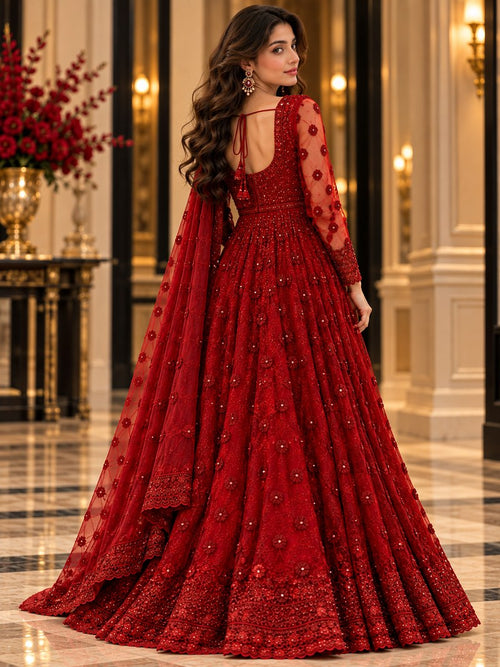 VILVIRI Mehruna — Crimson Embroidered Churidar Ensemble