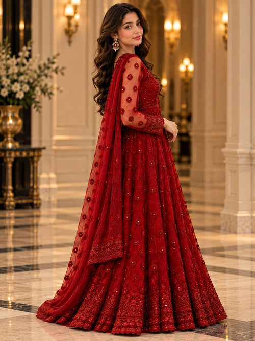 VILVIRI Mehruna — Crimson Embroidered Churidar Ensemble